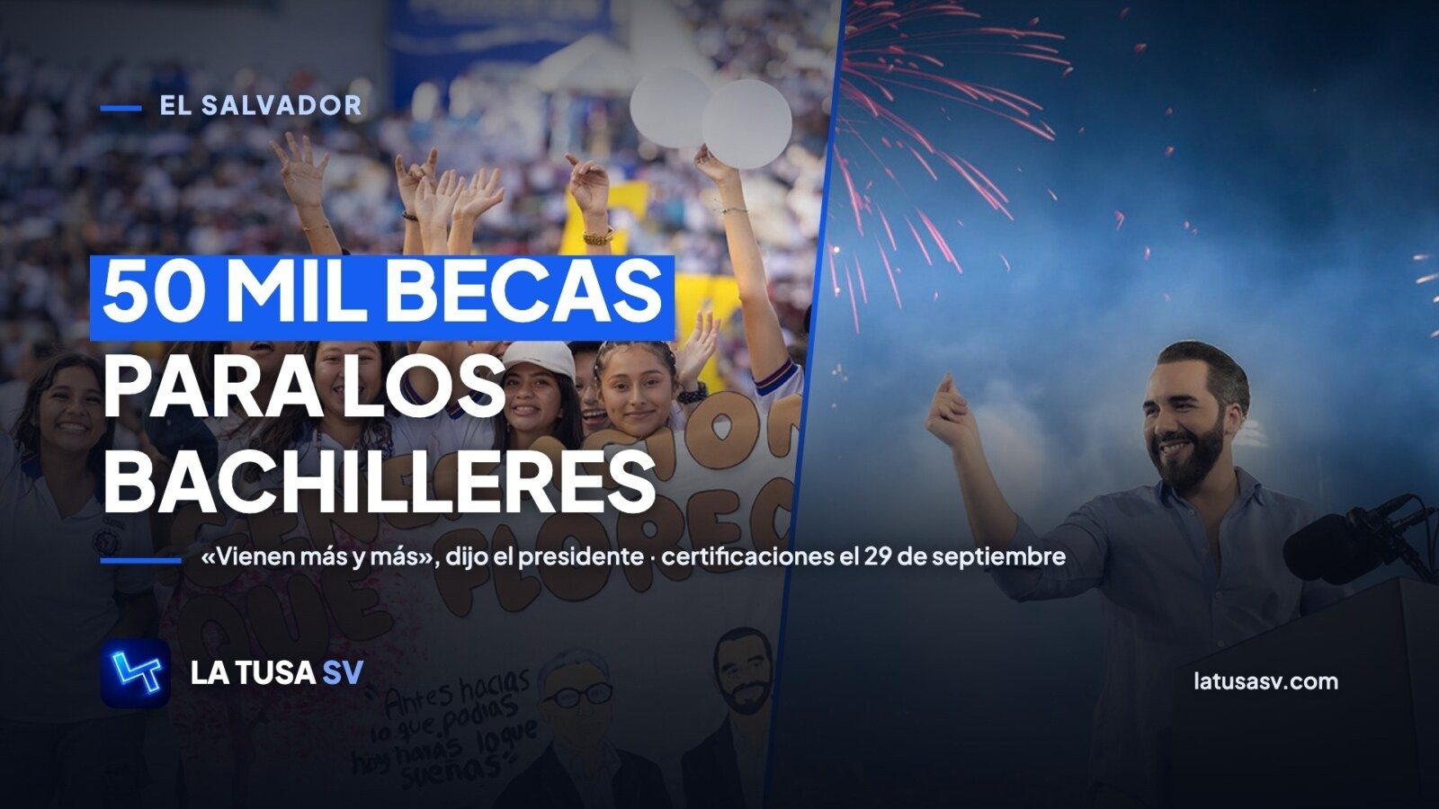 Estudiantes de bachillerato celebrando con una manta que dice Generación que florece y el presidente Nayib Bukele en la tarima del estadio Mágico González entre fuegos artificiales