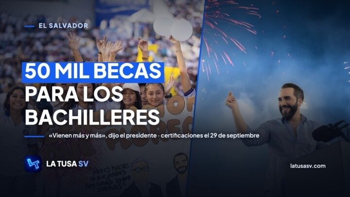 Estudiantes de bachillerato celebrando con una manta que dice Generación que florece y el presidente Nayib Bukele en la tarima del estadio Mágico González entre fuegos artificiales