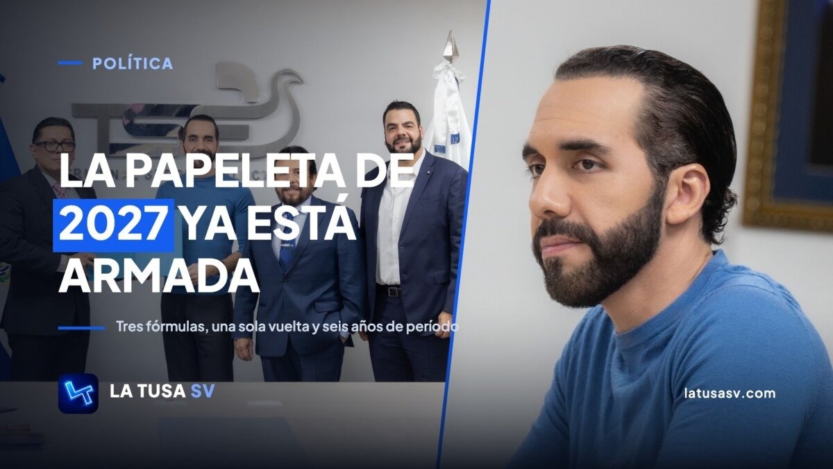 El presidente Nayib Bukele y, al lado, la inscripción de la fórmula de Nuevas Ideas ante el Tribunal Supremo Electoral, con el texto La papeleta de 2027 ya está armada