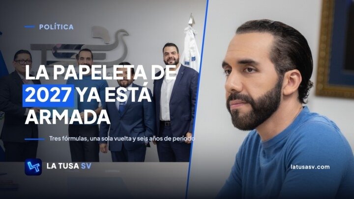 El presidente Nayib Bukele y, al lado, la inscripción de la fórmula de Nuevas Ideas ante el Tribunal Supremo Electoral, con el texto La papeleta de 2027 ya está armada
