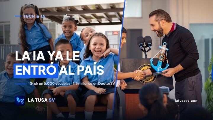 Estudiantes de un centro escolar público y el presidente Nayib Bukele saludando a un alumno, con el texto La IA ya le entró al país